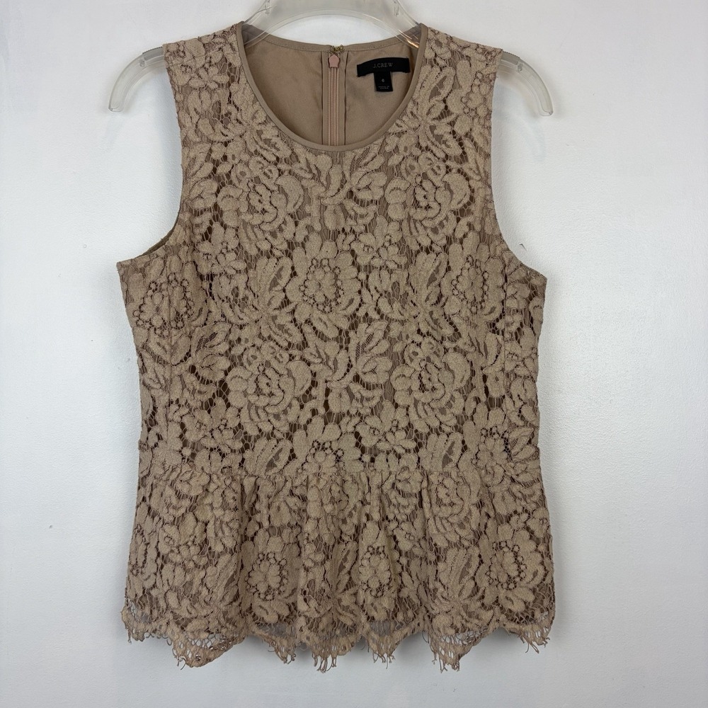 J Crew Peplum Top Womens 6 Sleeveless Lace Zip Beige Khaki Lace Overlay Festival
